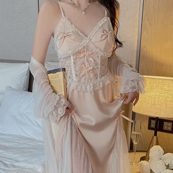 Prenses Peri Tam Kollu Sabahlık Seksi Saten V Boyun gece elbisesi İki Adet Kadınlar Tatlı Düz Renk Uzun Gecelik Bornoz Setleri