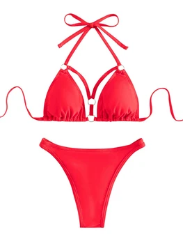 Kadınlar için Yüksek Kesim Tanga Altlı Şık Halter Kravat Bikini seti-Düz Renk Üçgen Sütyen Mayo Yaz için Mükemmel