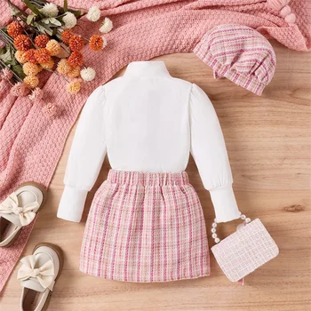 Çocuk Kız Sonbahar Moda 3 Adet Nervürlü Kıyafet Düz Renk Uzun Kollu Yüksek Boyun Üstleri Ekose Mini Etek Bere Seti Bebek Giysileri