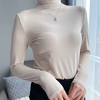 Kış kadın termal iç çamaşır Uzun kollu tişört pamuklu bluz Yüksek Yaka Düz Renk Dip Gömlek Kadın Termo İç Çamaşırı