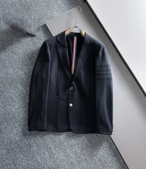 Erkek Takım Elbise Ceket Iş Rahat Yün Ceket Moda Metal Toka Tasarım Gevşek Mont Klasik Çizgili Kollu Erkek Yeni Blazer