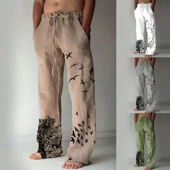 Erkekler Vintage Pantolon Uçan Kuş Baskı Cepler Sonbahar Kış Gevşek Baskılı Düz Pantolon Streetwear Erkek Giyim Ropa Hombre