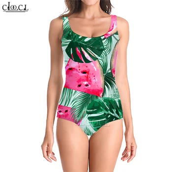 CLOOCL Moda Kadın Mayo Monstera ve Karpuz Baskılı Mayo Yüzme Parti Yaz Tek Parça Monokini Bikini