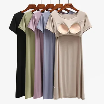 Fdfklak Rahat Modal Gecelikler Kadın Göğüs Yastıklı Rahat Kıyafeti Kadın Gecelik Bahar Yaz Pijama Elbise