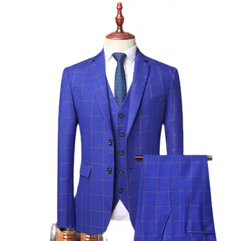 Yeni Zarif 3 Parça Erkek Ekose Takım Elbise Mavi Onay Takım Elbise Tasarım Erkekler için Yüksek Kaliteli Erkek Düğün Takımları trajes elegante para hombres