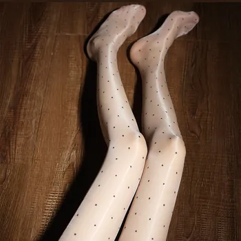 Retro Küçük Noktalar Baskı Tayt Bayanlar Yağ Parlak Crotchless İç Çamaşırı Ultra ince Şeffaf Külotlu Pürüzsüz İpeksi Çorap