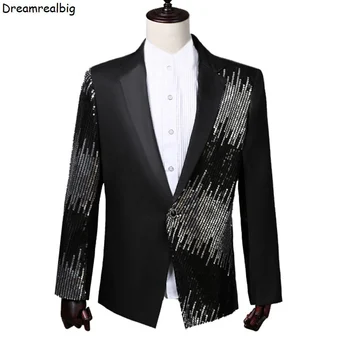 Erkekler Patchwork Tek Düğme Pullu Casual Blazer 2024 Yeni Çentikli Yaka Sahne Performansı Kostüm Erkek Madeni Pul Takım Elbise Ceket