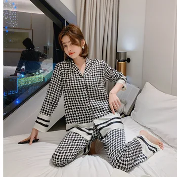 Saten Pijama Takım Gecelik Uyku Seti Bayan Ekose Pijama Seksi Kıyafeti 2 ADET Gömlek ve Pantolon Gevşek Ev Giyim Samimi İç Çamaşırı