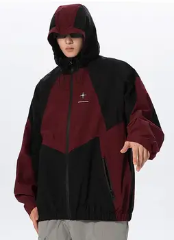 Kore Moda Kapşonlu kolej ceketi Erkekler için Rüzgarlık Bahar Patchwork Büyük Boy Erkek Ceket Yüksek Sokak Erkek Giyim Dış Giyim