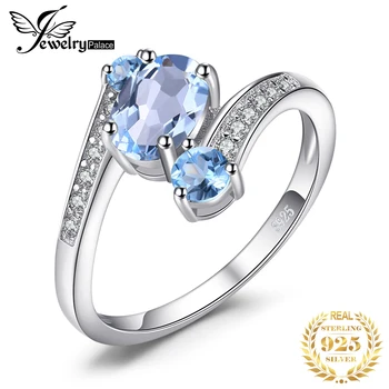 JewelryPalace 3 Taşlar Hakiki Mavi Topaz Yüzük 925 Ayar Gümüş Yüzük Kadınlar için Nişan Yüzüğü Gümüş 925 Taşlar Takı