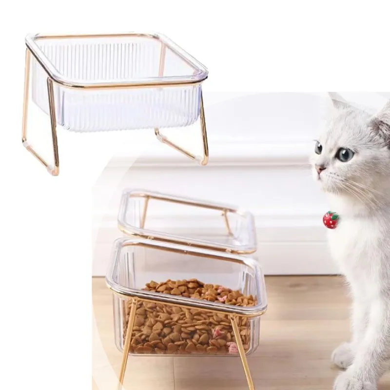 Yükseltilmiş Ayaklı Şeffaf Kedi Kasesi-İçme ve Besleme için Eğimli Boyun Koruması-Kolay Temizlenebilir Çift Demir Kaseler